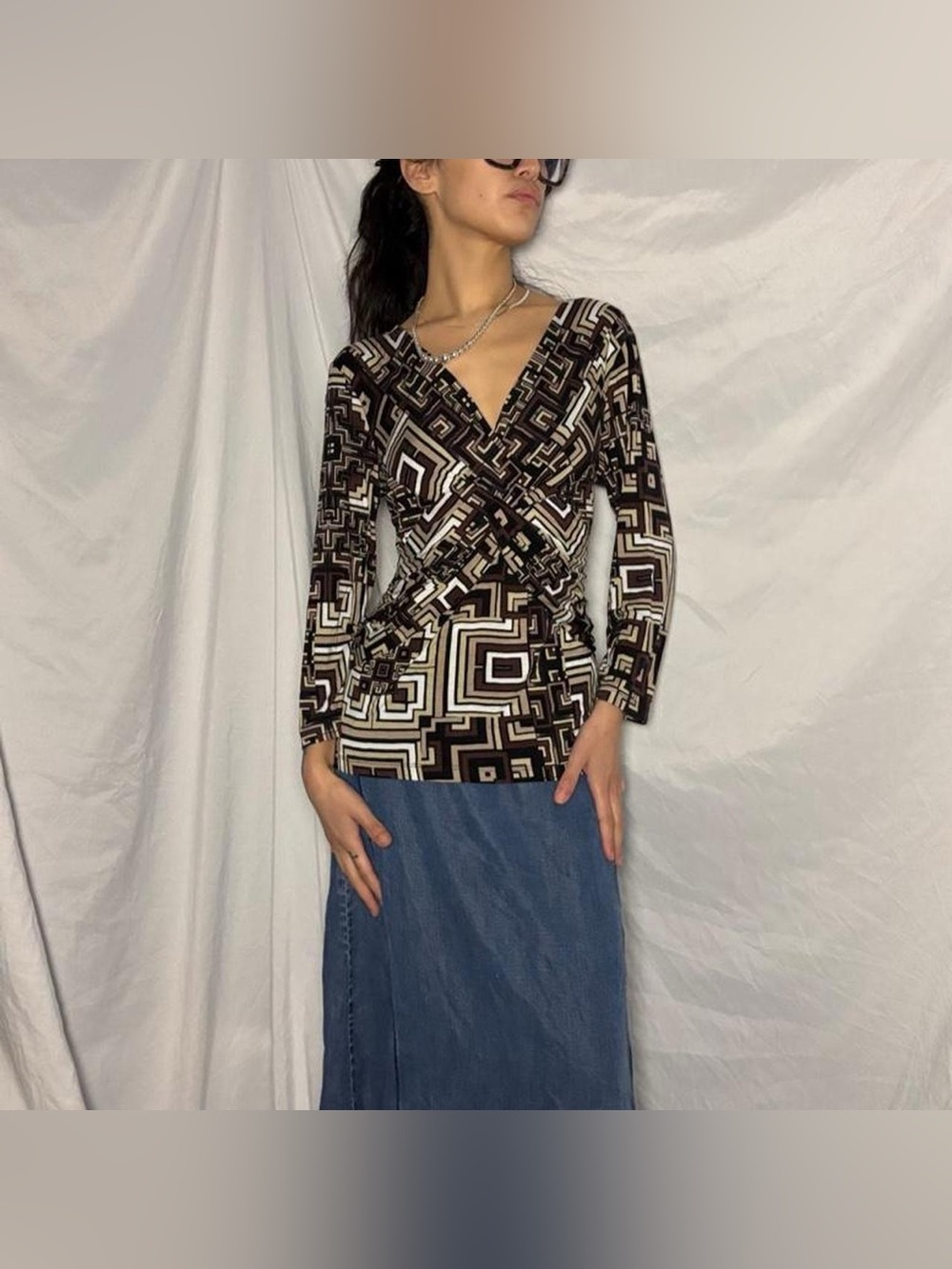 Brown Cable & Gauge Geometric Print Top Size Large